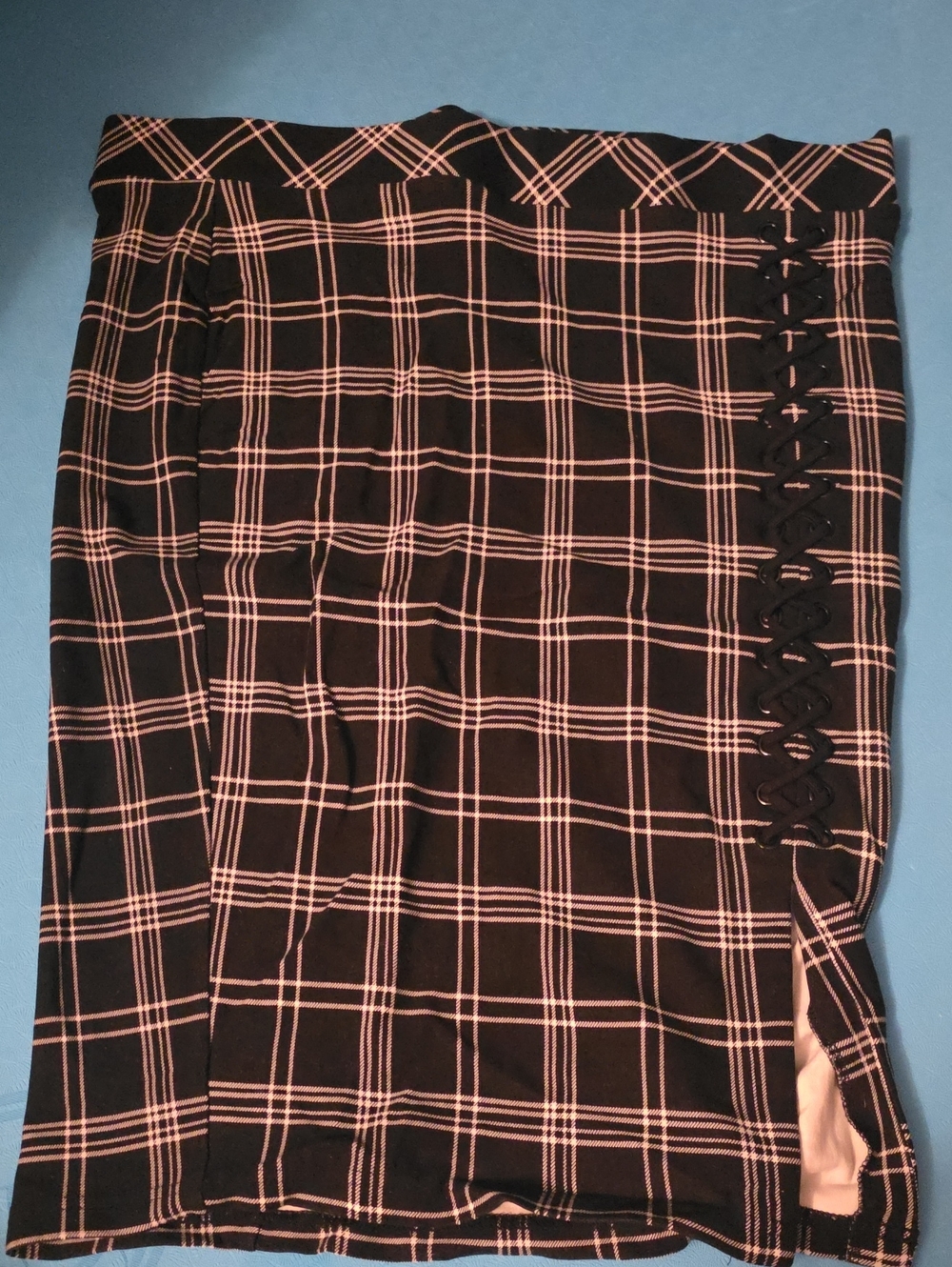 Black Plaid Pencil Skirt with White Windowpane Check